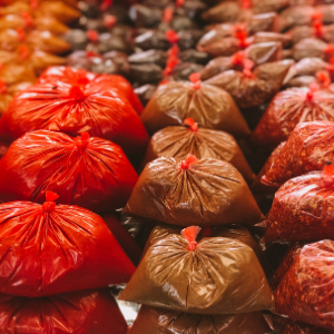 Bags of plastic ready to be recycled. 